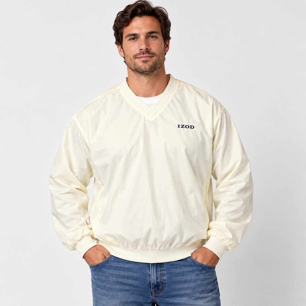 Vintage Izod Golf Windbreaker Pullover Jacket Ivory XL Built In Carrying Bag